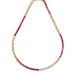 This elegant red necklace, featuring a gold-plated chain adorned with zircon stones, transitions from warm gold to deep burgundy and vibrant candy red. It is perfect for making a 
bold fashion statement.