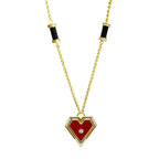 Elegant Polyheart Necklace featuring a geometric heart design in gold plating and silver, adorned with white and red enamel and a row of shimmering zircon stones.