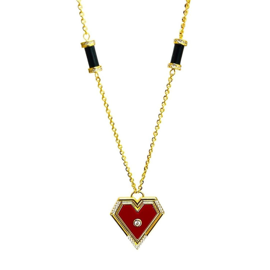 Elegant Polyheart Necklace featuring a geometric heart design in gold plating and silver, adorned with white and red enamel and a row of shimmering zircon stones.