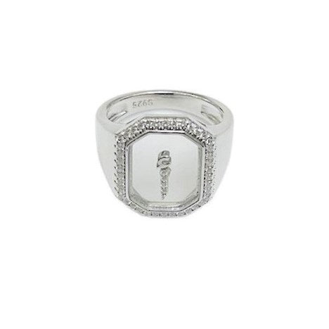A silver ring featuring a square-shaped center with Arabic lettering surrounded by small clear crystals set in a silver band.