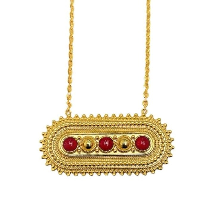 Celestial Ellipse Necklace featuring intricate celestial-inspired patterns, 
available in silver and gold-plating with red, green, white and blue precious gemstones