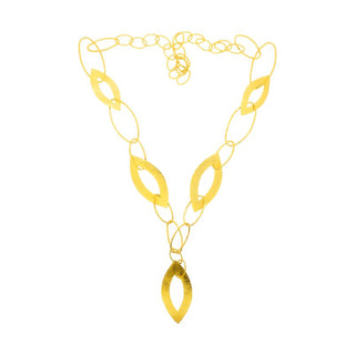 Gold-plated necklace featuring hollow eye-shaped links, blending mystical symbolism with contemporary elegance. The intricate design oﬀers a stylish touch for both casual and formal looks, making it a versatile and captivating accessory.