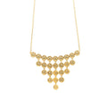 Bold bib jewellery styled with simple gold plated circles forming inverted 
triangles for a casual look or a solid-coloured dress for a formal, statement-making 
ensemble.