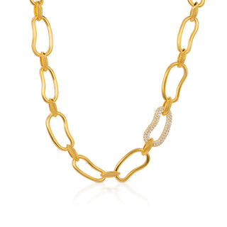 An elegant silver or gold-plated long chain necklace featuring a stylish 
chain-link design adorned with sparkling zircon stones. 