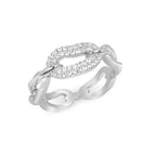 A silver-colored chain ring with a chain of delicate chain details and adorned with radiant cubic zirconia stones.